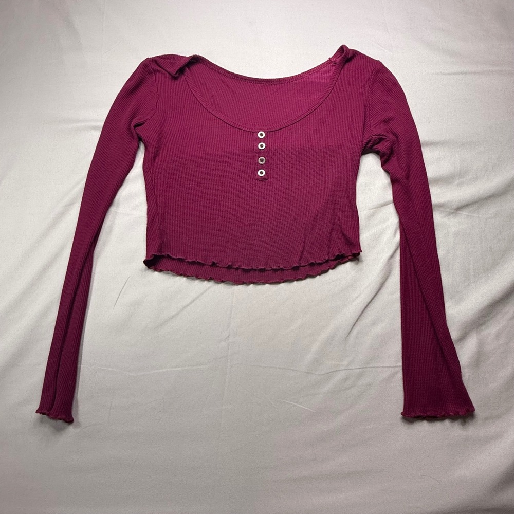 Waffle Knit Henley Crop Top Berry Magenta Lettuce Edge Long Sleeve Scoop Neck